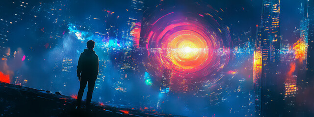 Wall Mural - A man stands on a hill looking out at a city with a large red spiral in the sky