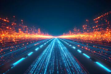Poster - Futuristic highway with glowing digital cityscapes.