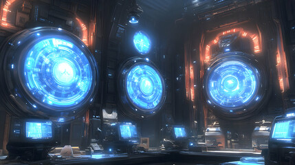 Poster - Futuristic interior with glowing blue circular devices and computer screens.
