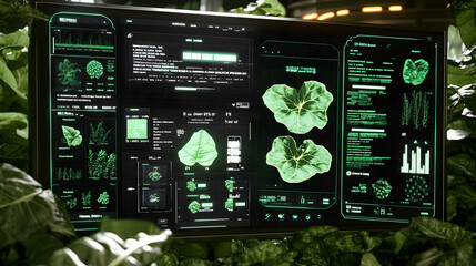 Poster - Futuristic monitor displaying plant data analysis amidst lush greenery.