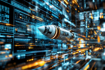 Poster - Futuristic rocket speeding through digital data stream.