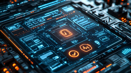Poster - Futuristic tech interface with glowing icons and circuits.