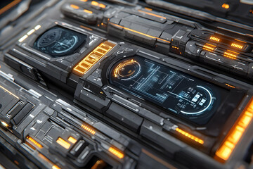 Poster - Futuristic technological interface with glowing orange accents.