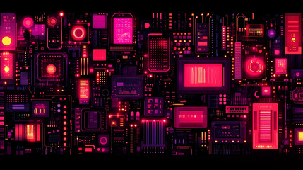 Poster - Futuristic tech interface with glowing screens and circuits.