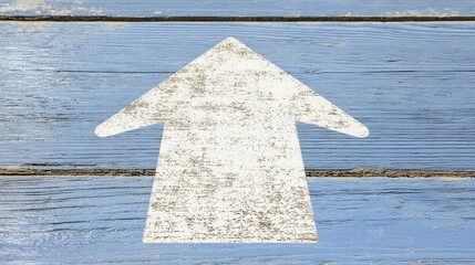 Poster - Weathered Wooden Plank with Arrow Symbol on Blue Surface