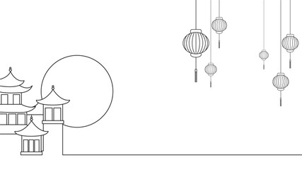 Wall Mural - Traditional Chinese architectural and cultural elements line art style vector illustration