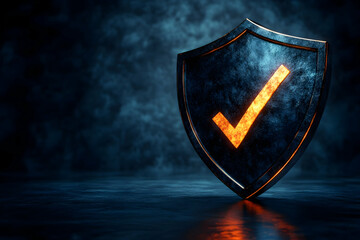 Poster - Glowing checkmark on a metallic shield, dark background.