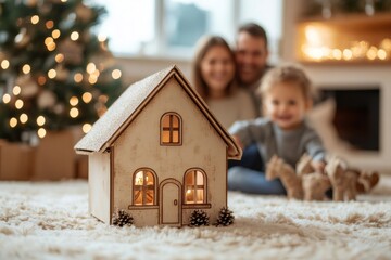 Wall Mural - illuminated wooden house symbolizing christmas with family in background