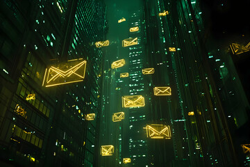 Poster - Glowing email icons float amidst towering city buildings at night.