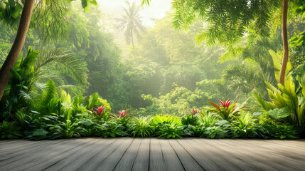 Wall Mural - a lush green jungle with a wooden floor and a view of the forest