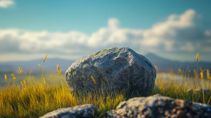 Wall Mural - a large rock sits in a field of tall grass