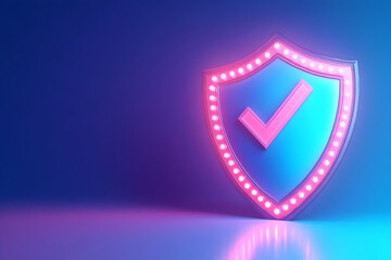 Poster - Glowing neon shield with checkmark, security concept.