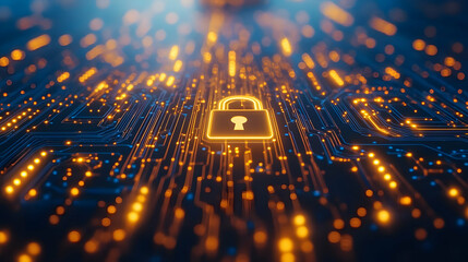 Poster - Glowing padlock on circuit board, cybersecurity concept.