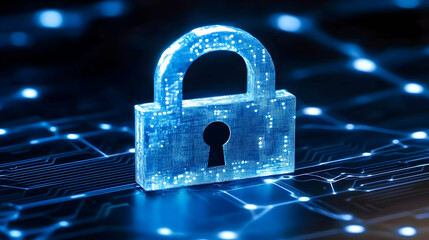 Poster - Glowing padlock on circuit board.