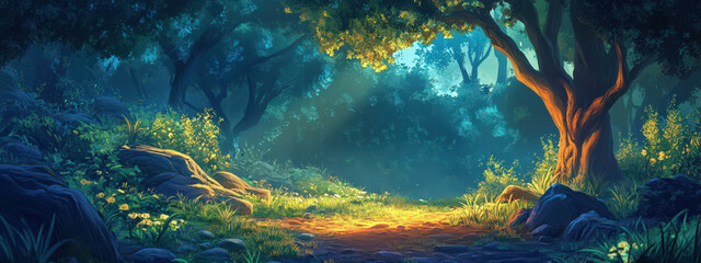 Wall Mural - a forest scene with a tree in the foreground