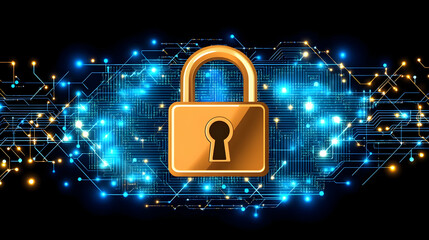 Poster - Gold padlock on glowing circuit board background.