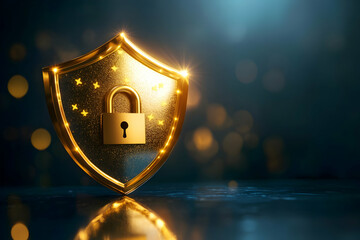 Poster - Golden shield with padlock, security concept.