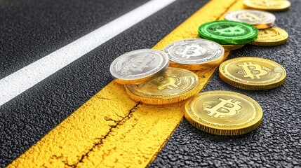 Poster - Bitcoin Coins on Roadside Symbolizing Cryptocurrency Journey