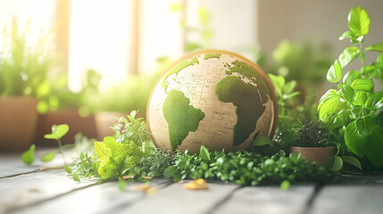 Wall Mural - Green globe nestled among lush potted herbs on a rustic wooden surface, bathed in sunlight.