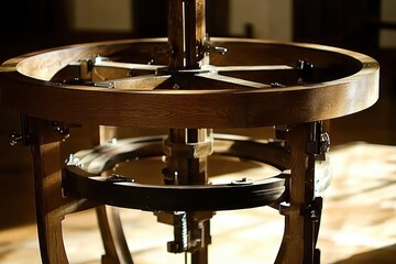 Poster - Wooden Mechanical Object with Circular Design and Intricate Details