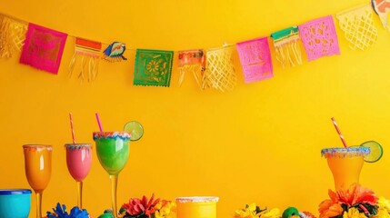 A lively and festive Cinco de Mayo scene with vibrant papel picado and traditional Mexican drinks against a bright yellow background, side view, Minimalist style