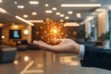 Poster - Hand holding glowing network sphere in modern office.