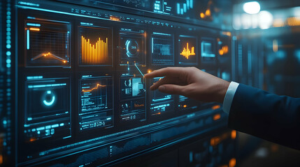 Poster - Hand interacting with a futuristic holographic interface displaying data analytics charts and graphs.