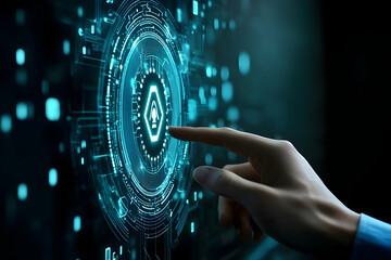Poster - Hand interacting with digital interface, futuristic technology concept.