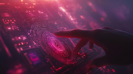 Poster - Hand interacting with futuristic holographic fingerprint scanner interface.