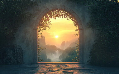 Wall Mural - a large archway with a view of a waterfall and a sunset