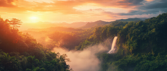 Wall Mural - A beautiful mountain range with a waterfall and a sun setting in the background