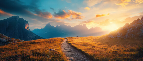 Wall Mural - a beautiful mountain range with a sun setting in the background