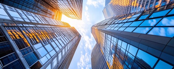 Aufkleber - Modern skyscrapers reflecting sunlight and blue sky