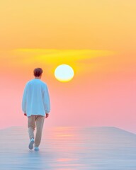 Poster - Walking Toward a Vibrant Sunset While Embracing Tranquility and Warmth of the Evening