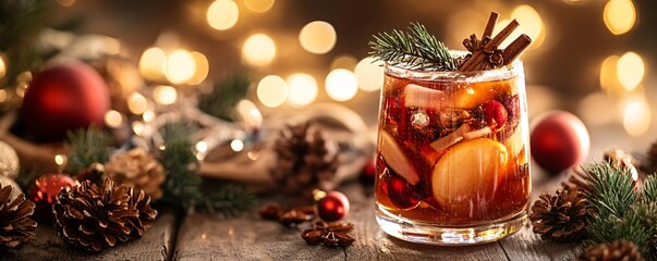 Wall Mural - Christmas holiday punch with fruit and spices garnished with cinnamon and fir sprig