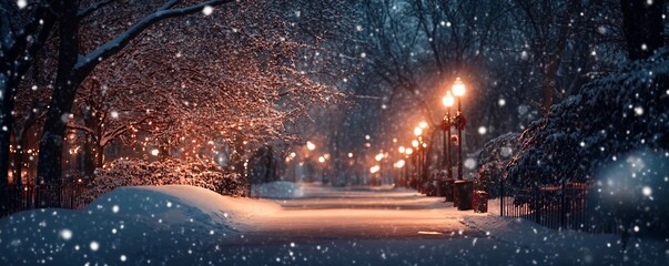 Wall Mural - Snow falling on christmas lights in city park at night