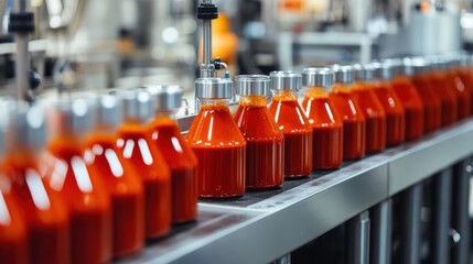 Wall Mural - A large-scale sauce production factory featuring mixers, fillers, and packaging machines, efficiently processing sauce for distribution.