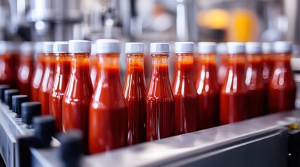 Wall Mural - A large sauce production factory with automated systems blending, filling, and sealing sauces into bottles for mass production.