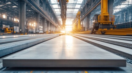 Wall Mural - Concrete slabs being cut to size by large industrial machinery inside a high-efficiency manufacturing plant.