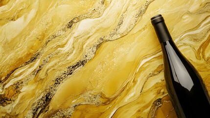 Poster - Wine bottle placed on yellow marble background with space for text.