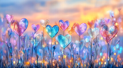 Wall Mural - Psychedelic luminous hearts and fantastic plants, iridescent soap bubble colors