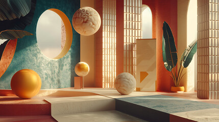 Wall Mural - A room with a yellow ball, a white ball, and a red ball