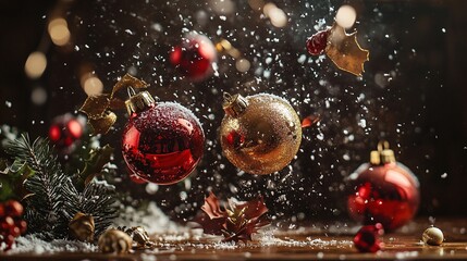 Wall Mural - Christmas balls and snow falling on a wooden table with fir branches, golden bokeh and dark background