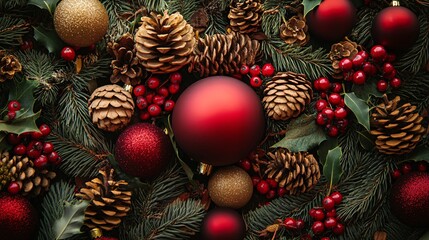 Poster - Christmas background with red and gold ornaments, pine cones and fir branches creating festive atmosphere
