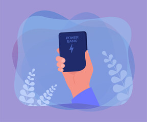 Poster - cartoon hand holding power bank. portable accumulator for charging mobile devices flat vector illust