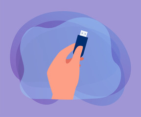 Poster - Cartoon hand holding flash drive or USB stick. Portable memory storage flat vector illustration. Technology, hardware, data, equipment concept for banner, website design or landing web page