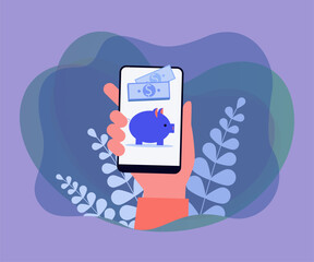Poster - Hand cellphone with piggybank on screen. Person using online bank service flat vector illustration. Finances, banking, technology concept for banner, website design or landing web page