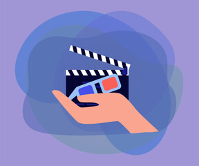 Poster - Hand holding clapperboard and 3D glasses. Clapper board and red and blue glasses as symbol of cinema flat vector illustration. Cinema, entertainment, film industry concept for banner or landing page