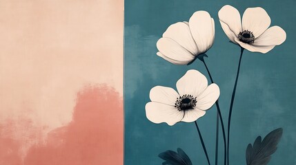 Canvas Print - Three white flowers on teal and peach background.