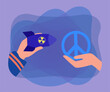 © Bro Vector - Hands holding nuclear bomb and peace symbol. Person offering peace instead of fighting flat vector illustration. War, conflict, diplomacy concept for banner, website design or landing web page